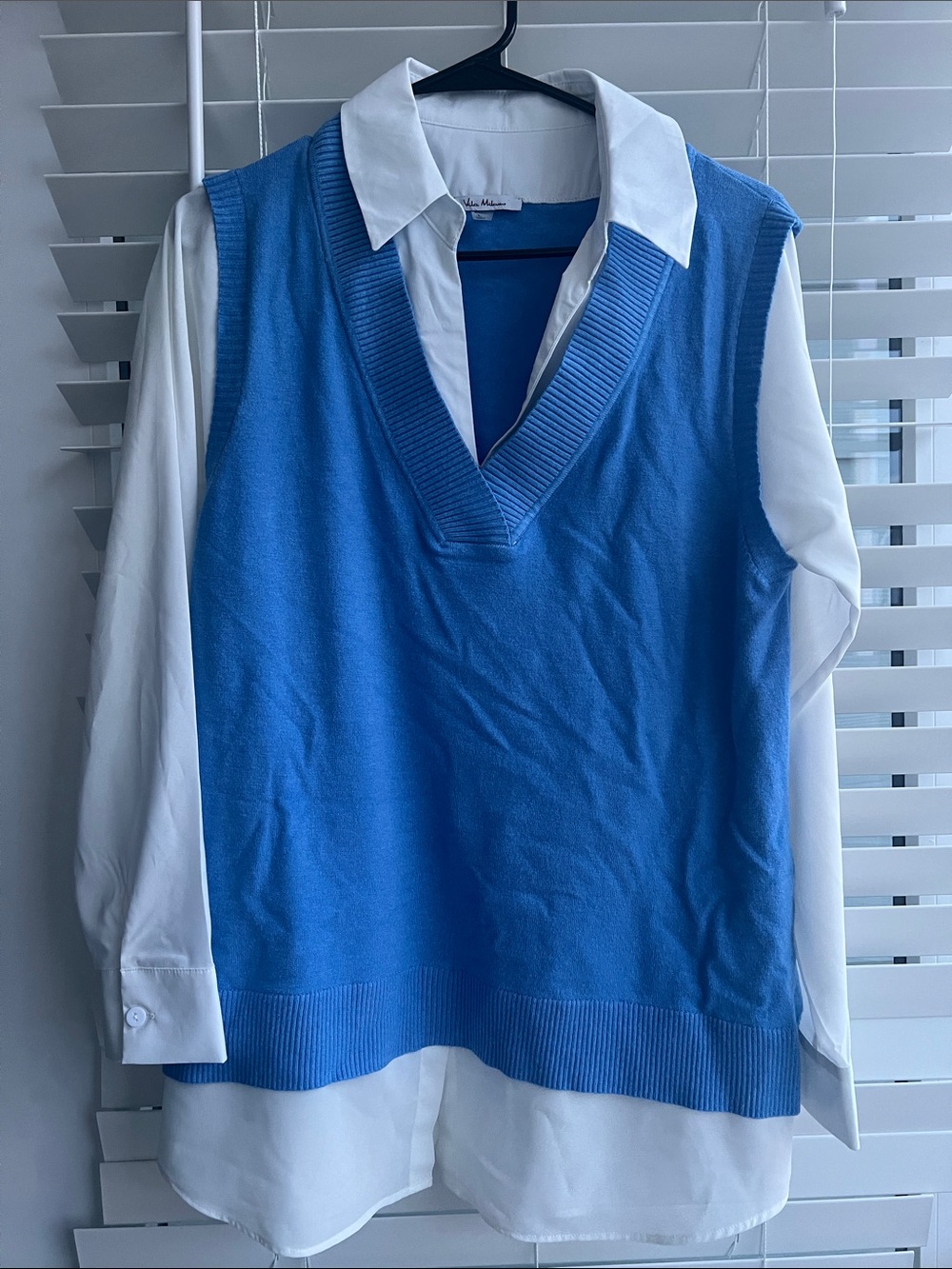 Blue V-Neck Sweater Vest with White Shirt Layered Look